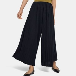 Theory Pleated Palazzo Gaucho Pants Bristol Cotton Knit Navy Blue Size Small S